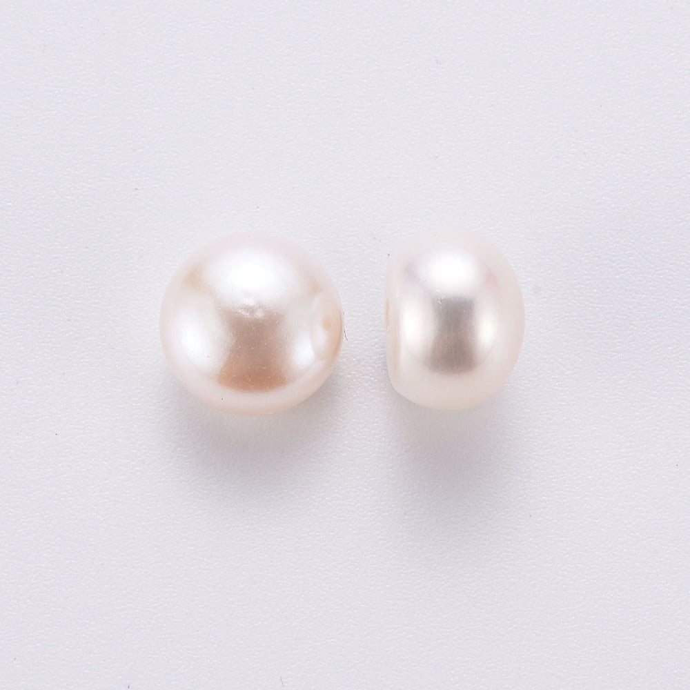 Grade AAA Natural Cultured Freshwater Pearl Beads Half Drilled Flat Round White 8~8.5x6mm Half Hole: 1mm