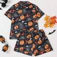 thumbnail image 5 of Halloween Pajamas Women Spider Pumpkin Printed Short Sleeve Pocket Lapel Button Down Shirts Loose Casual Shorts Daily Comfort 2 Pc Women's Loungewear Sets Black S, 5 of 9