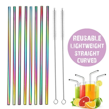 - 8Pcs Stainless Steel Drink Straws + Cleaning Brush Kit Set Straight / Bent Drinking Metal Straw Washable Reusable NON-TOXIC Rainbow Color For Tumblers Coffee Juice Cold Beverage