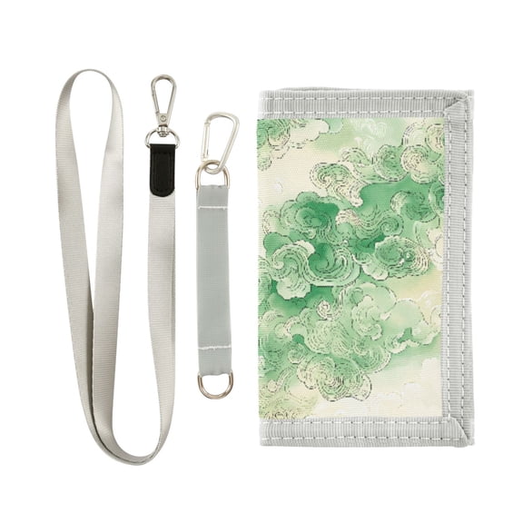 JIALIOU Nylon Trifold Card Wallet with ID Window Zipper Pocket for Men Women Teen Green Auspicious Clouds