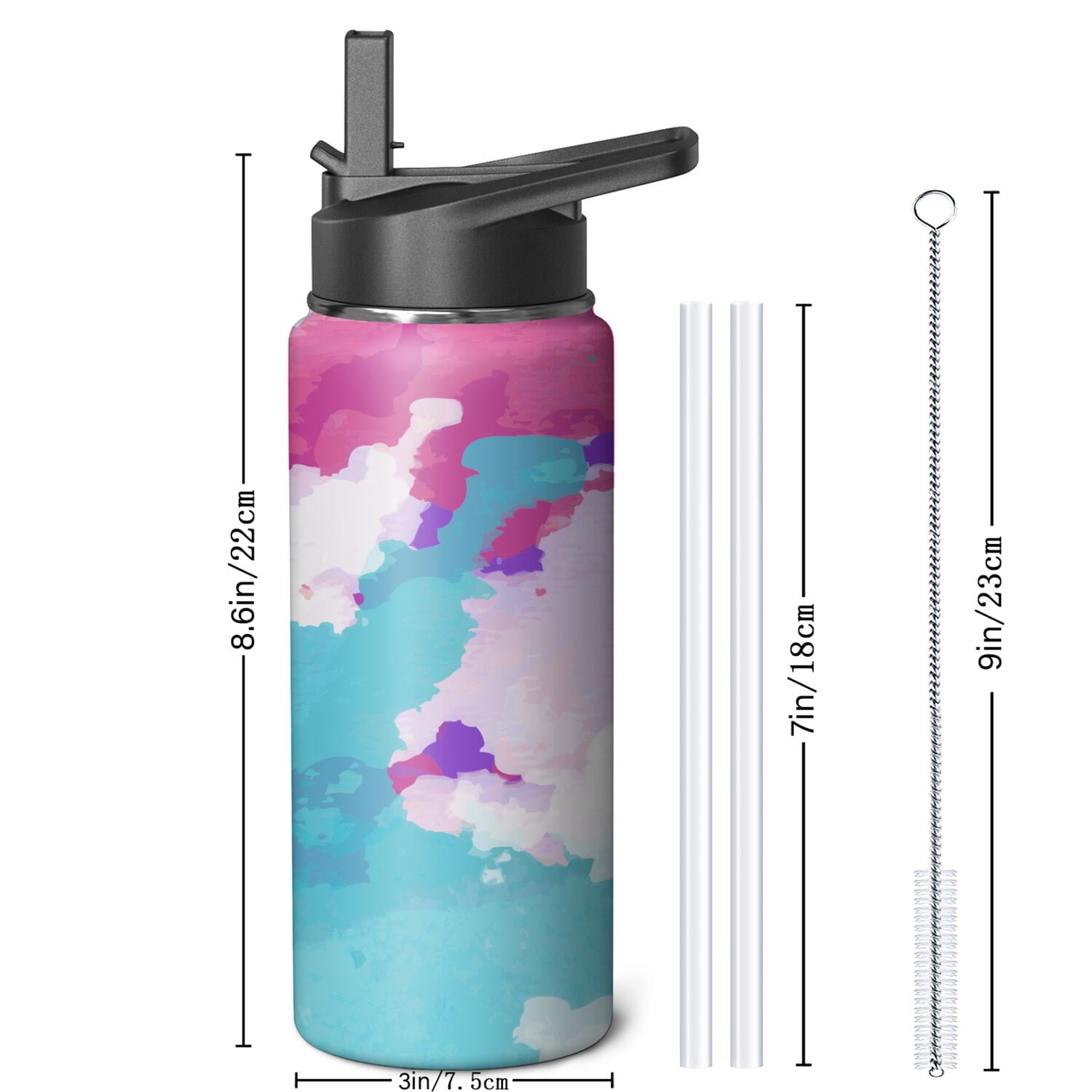18oz Insulated Water Bottle with Straw & Cleaning Brush, Wide Mouth Stainless Steel Flask, Watercolor Splatter Painting Print
