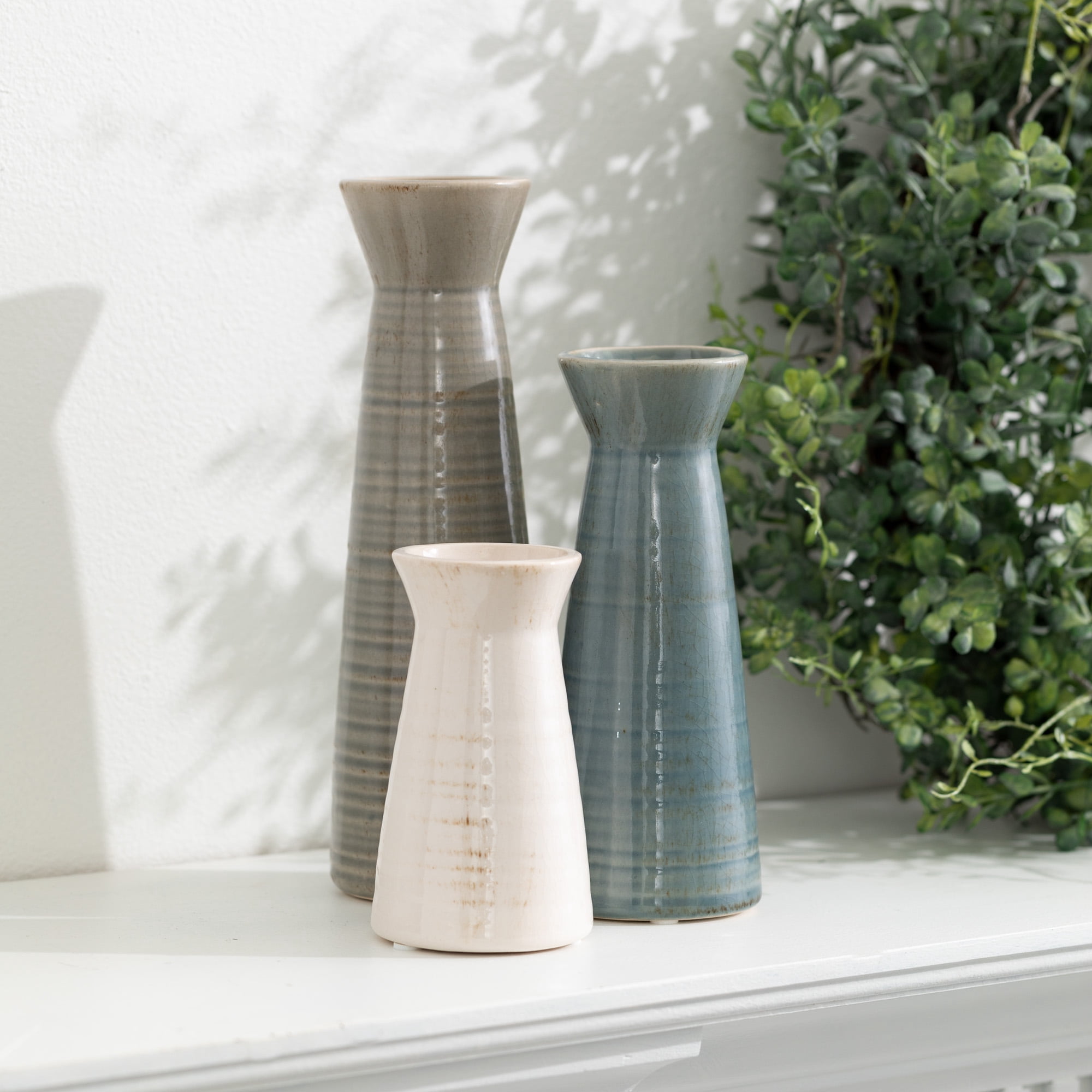 Sullivans Set of 3 Small Vases 10.25"H, 8"H, & 5.5"H Blue, Tan & White