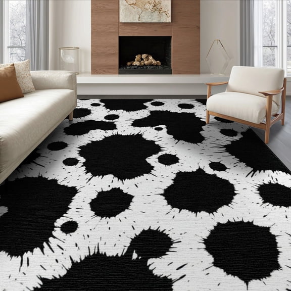 ODIKA 8'x10' Washable Area Rug Non-Shedding, Easy Care, Cowboy Cow Inspired Asymmetrical Contrast Splash Motif Themed for King Size Bedroom Under Bed, Master Suite