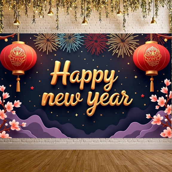Red Theme New Year Banner Gold Lettering Happy New Year Display Lantern Design Firework Pattern Festive Backdrop for New Year Party Home Decoration Indoor Celebration