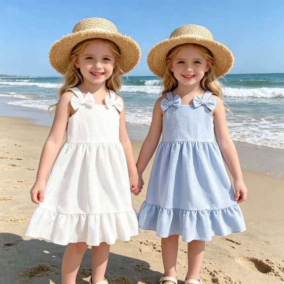 Toddler Dresses Sleeveless Bowknot Solid Dress Dance Party Baby Girl Dress Blue 12-18 Months