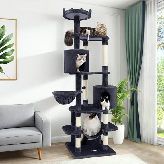 CT82C Max Tall Cat Tree for Large Cats | 81" Multi-Level Activity Center with Hammock, Cozy Perches, Condo, Scratching Posts, Anti-Tip Kit & Cat Toys, Dark Grey