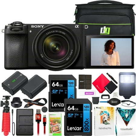 Sony a6700 Alpha APS-C Mirrorless Camera 26MP 4K with 18-135mm Lens Kit ILCE-6700M Bundle with Deco Gear Photography Bag + Flash + Extra Battery + Dual Charger + Software & Deluxe Accessories Kit