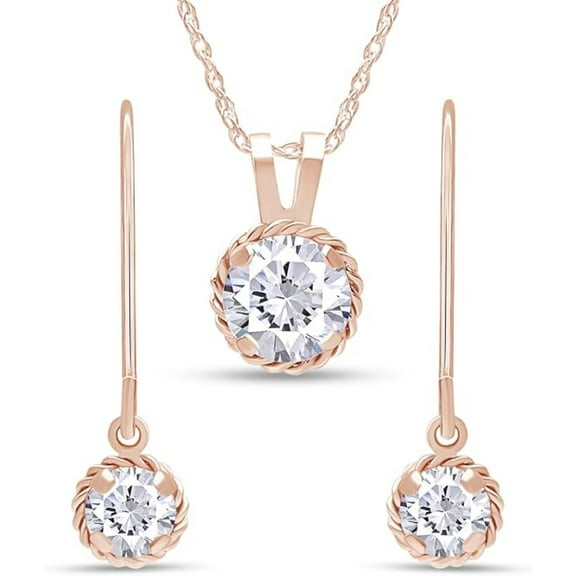 Real 925 Sterling Silver 14K Rose Gold Finish Round Cut White Diamond Pendant Necklace and Earrings Jewelry Set for Women