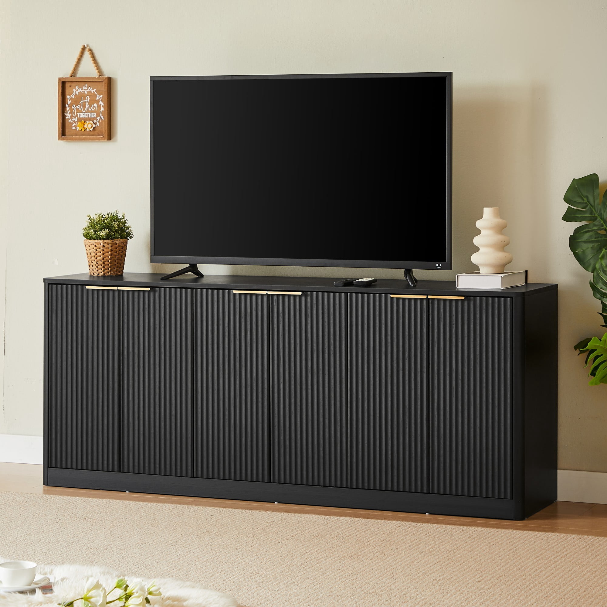 67" Modern Wavy Sideboard Cabinet, 6-Door Curved Storage Cabinet, Large TV Stand Buffet Console for Living Room Kitchen, Black