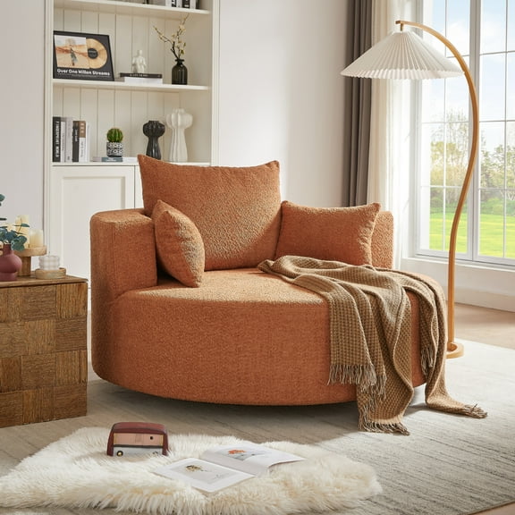 55.1" Swivel Accent Chair, Oversized 360° Rotating Lounge Chair, Plush Chenille Upholstery, Deep Seating for Living Room & Bedroom, Includes 3 Cushions(Orange)