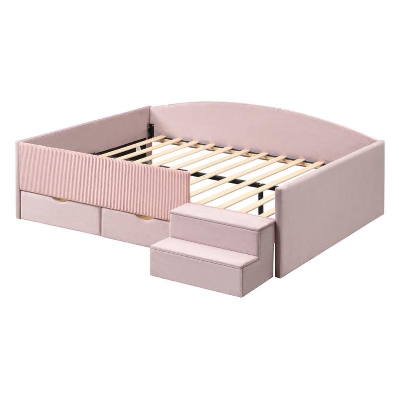 Full Size Kids Daybed Frame with Small Stair & 2 Storage Drawers, Velvet+Corduroy Dual Upholstered Accent Platform Bed