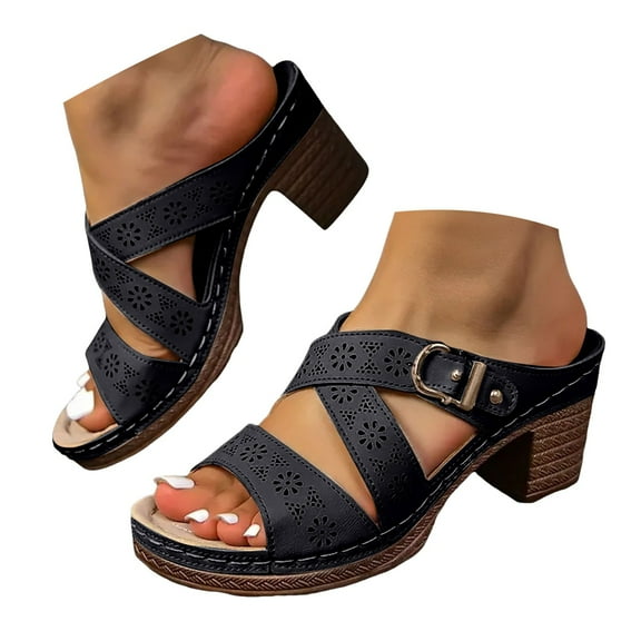 Dakaela Summer Sandals for Women Chunky Heel Leather Dress Pumps Arch Support Walking Slide Shoes