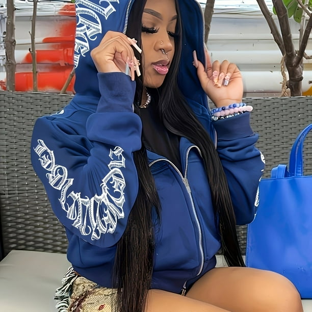 Zip Up Loose Hooded Sports Sweatshirts Letter Graphic Y2k Style Long Sleeve Top Solid Color Hoodie Jacket Women s Sporty Sweatshirts Bodega Aurrera en linea