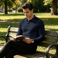 thumbnail image 5 of Domuza Men's Slim Fit Long Sleeve Polo, Soft Knit Sweater Shirt, Versatile Casual Top for Golf Work Travel Navy M, 5 of 5