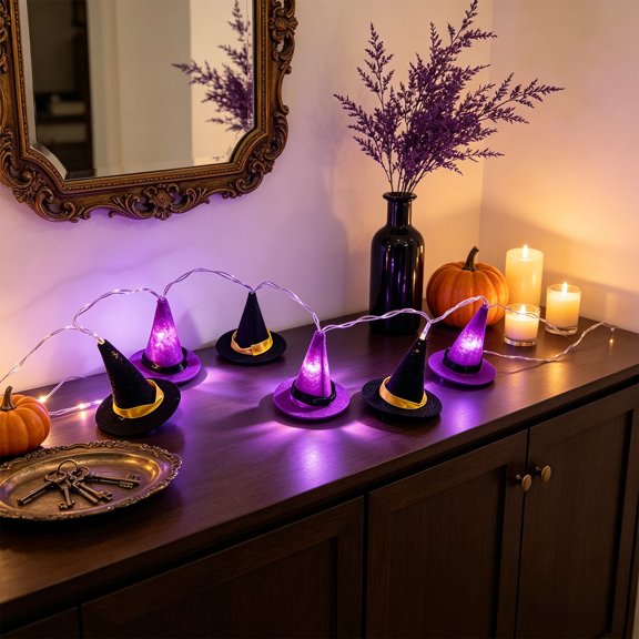 Halloween Decor Witch Hat String Lights 59.06 Inch with LED Glowing Hats Purple and Black for Indoor Home Party Decor