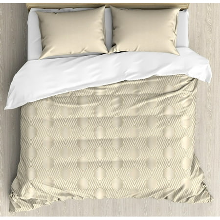 Geometric Queen Size Duvet Cover Set, Inverted Y-Shaped Figure Braided Texture with Multi Striped Pattern, Decorative 3 Piece Bedding Set with 2 Pillow Shams, Ivory and Pale Coffee, by