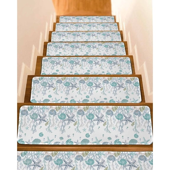 Turquoise Coastal Stair Treads Non Slip Indoor for Wooden Steps, Summer Beach Coral Shell Starfish Ocean 10 Pcs Stair Mats for Elders Dogs, 8 x 30 Inch Carpet Treads Runner Rugs for Staircase