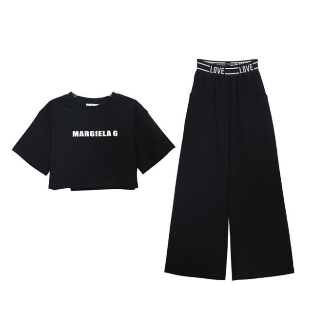 Guardurnaity Camiseta de manga corta para niñas, conjunto de pantalones de pierna ancha, senderismo, estilo informal para niños, camisetas, conjuntos de ropa Negro 120cm