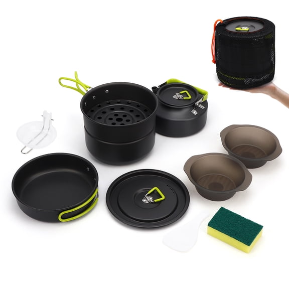 10pcs Camping Cookware Set, Hard Anodized Aluminum Pot, Pan & Kettle, Nesting Set for 2–3 People