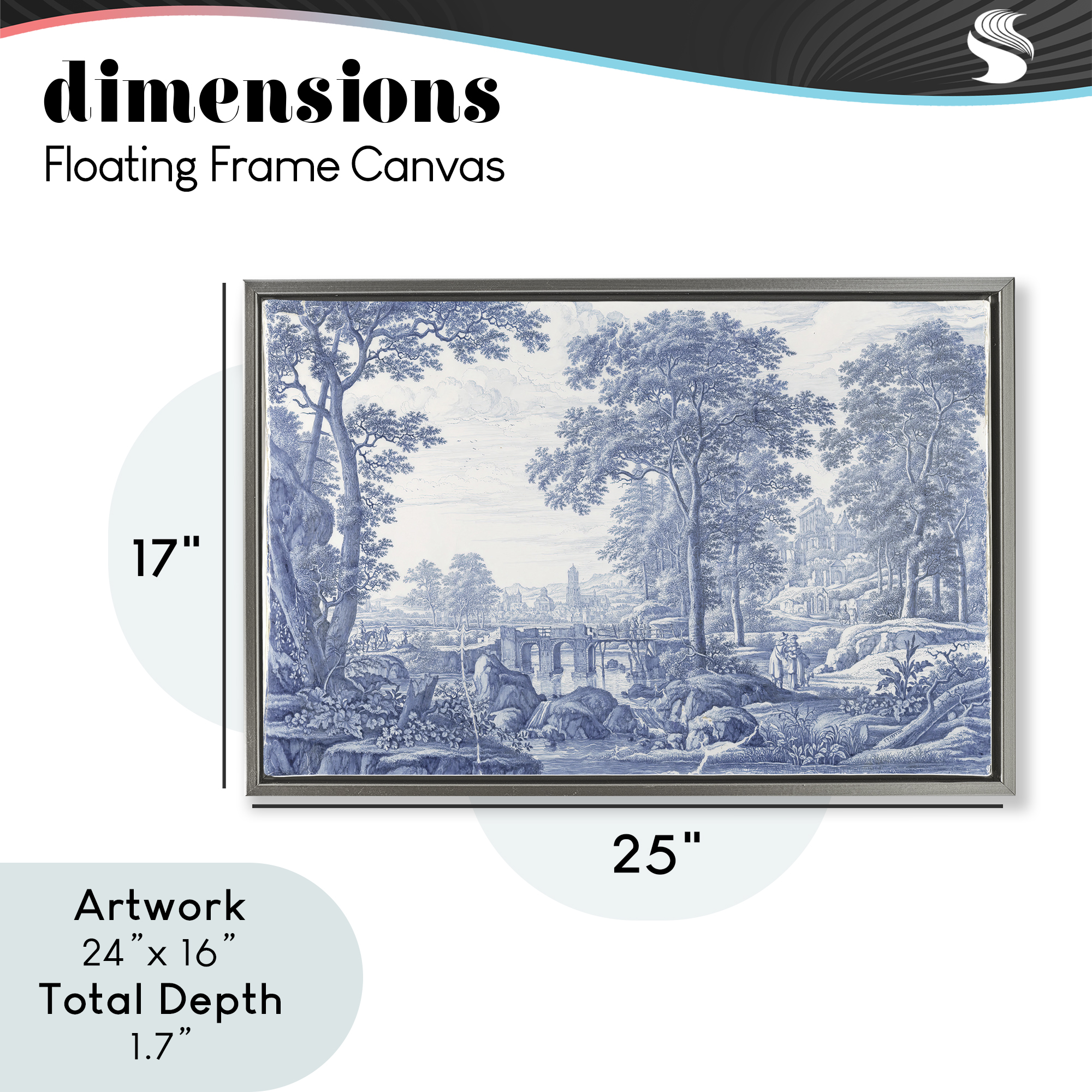 Vintage Blue Tinted Toile Gray Framed Floater Canvas Wall Art, design by Vintage Hustle