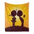thumbnail image 1 of Kissing Soft Flannel Fleece Throw Blanket, Children Silhouettes in Sun Cartoonish Bicolour Image, Cozy Plush for Indoor and Outdoor Use, 60" x 80", Dark Maroon Pale Orange, by Ambesonne, 1 of 6