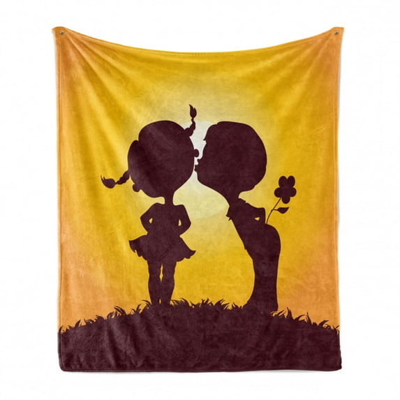 Kissing Soft Flannel Fleece Throw Blanket, Children Silhouettes in Sun Cartoonish Bicolour Image, Cozy Plush for Indoor and Outdoor Use, 50" x 60", Dark Maroon Pale Orange, by Ambesonne