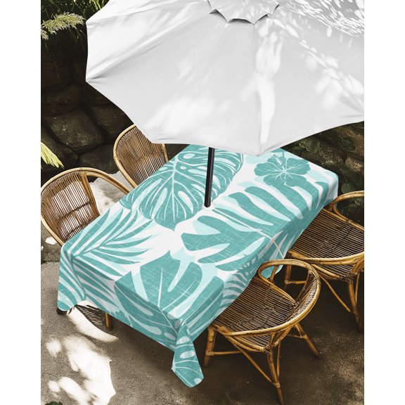Outdoor Tablecloth with Umbrella Hole, Summer Turquoise Monstera Palm Leaf Zippered Table Cloth for Rectangle Tables, Tropical Plant Leaves Washable Waterproof Tablecloths for Picnic Patio Garden