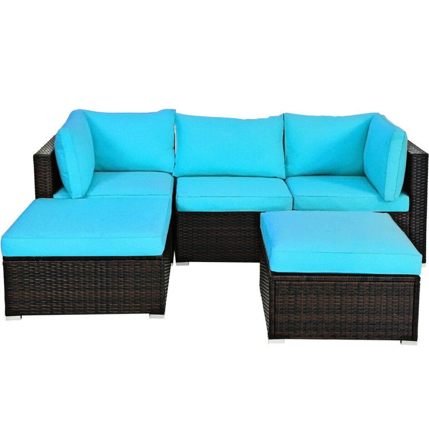 Aimee Lii 5 Pieces Patio Rattan Sectional Conversation Ottoman Furniture Set, Outdoor Patio Set, Blue Aimee Lii 5 Pieces Patio Rattan Sectional Conversation Ottoman Furniture Set, Outdoor Patio Set, Blue