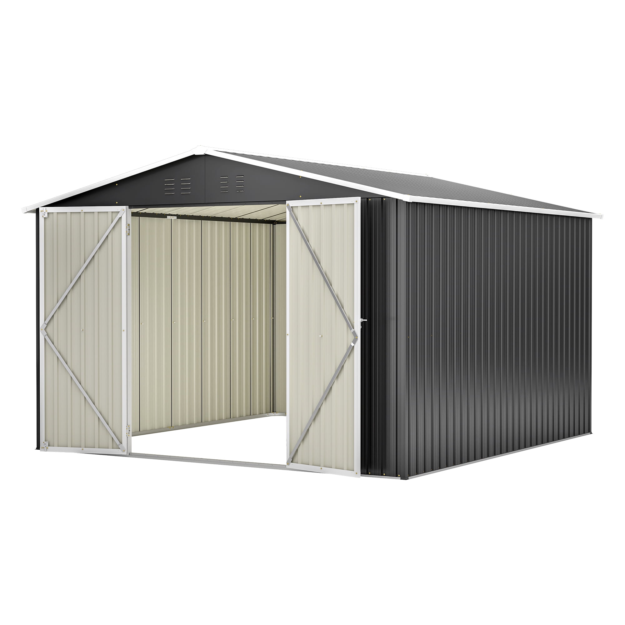 MAYEERTY 10x10FT Outdoor Utility Metal Storage Shed, Reinforced Frame & Ventilated Design, Lockable Waterproof Tool Shed for Backyard, Garden & Patio