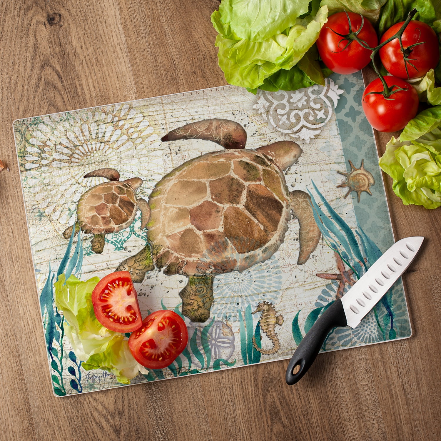 CounterArt "Bay Turtle" 3mm Heat Tolerant Glass Cutting Board 15" by 12"