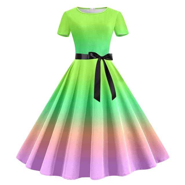WILLBEST Vestidos para Mujer Vestido de Fiesta de Noche de Manga Corta con Cuello Redondo y Estampado de Los Años 50 Grande