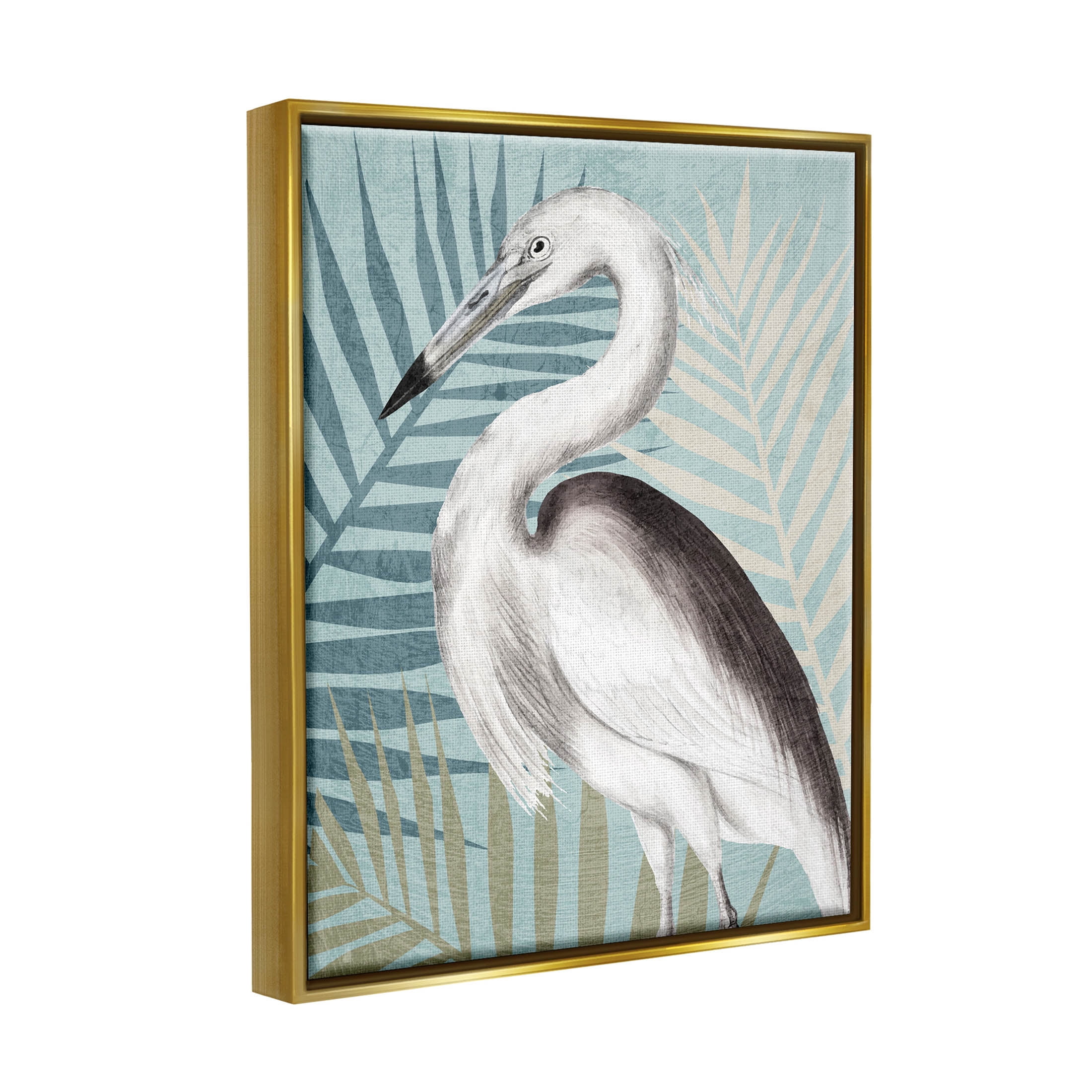 Stork Bird Island Palm Leaves Animals & Insects Graphic Art Metallic Gold Framed Art Print Wall Art