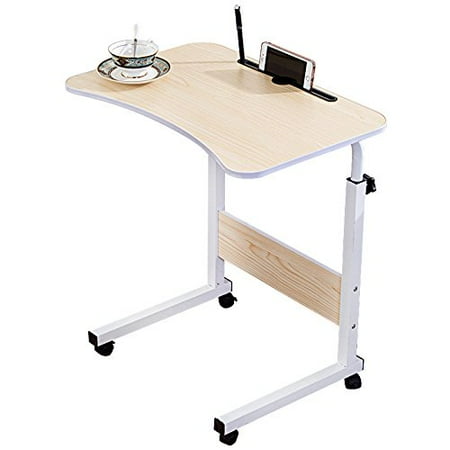 Stand Up Computer Cart Adjustable Desk Body Curve Edge Design With Phone Slot Laptop Desk Movable Table Lapdesk With 4 Wheels Flexible Wooden Stand Desk Cart Tray Side Table for Bed - White Wood Tone ()