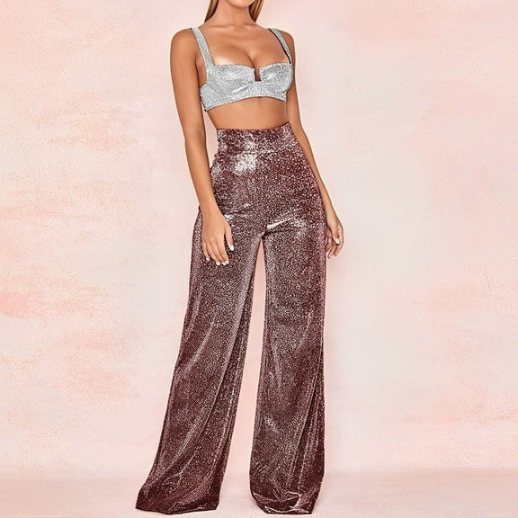 Patlollav Ladies Sports Casual High Waist Straight Leg Pants Womens Wide Leg Pants Sequins Party Clothes