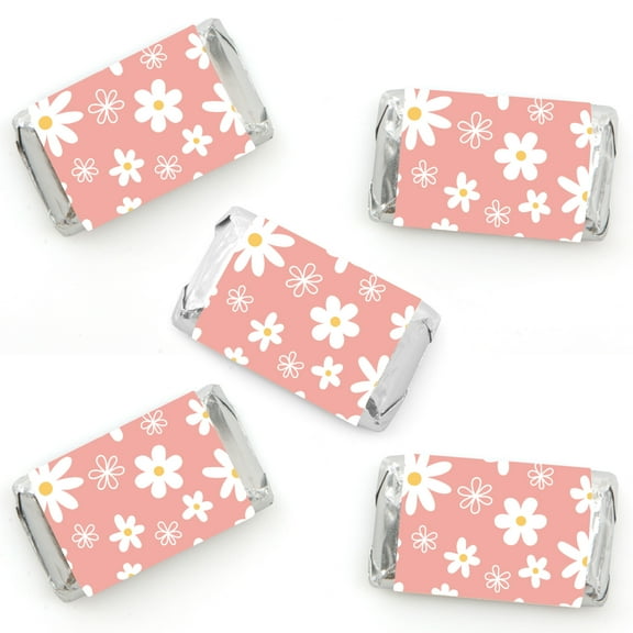 Big Dot of Happiness Pink Daisy Flowers - Mini Candy Bar Wrapper Stickers - Floral Party Small Favors - 40 Count