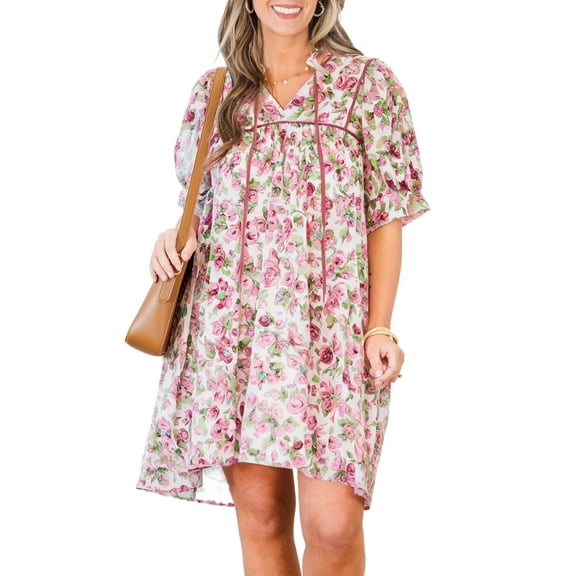 Charming Pink Floral Plus Size Mini Dress with Split Neck and Puff Sleeves | [ZhiHiMeRi] | (US 14W-16W)1X