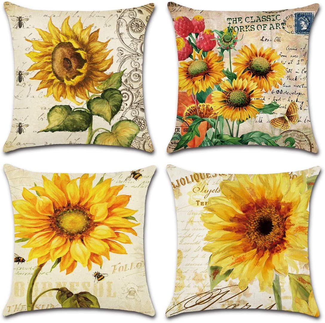 Sunflower Outdoor Throw Pillow Case Covers-18x18 Linen Spring Decorative Set of4 
