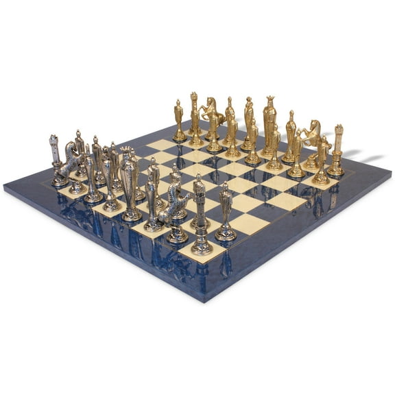 Renaissance Theme Metal Chess Set with Blue Ash Burl Chess Board