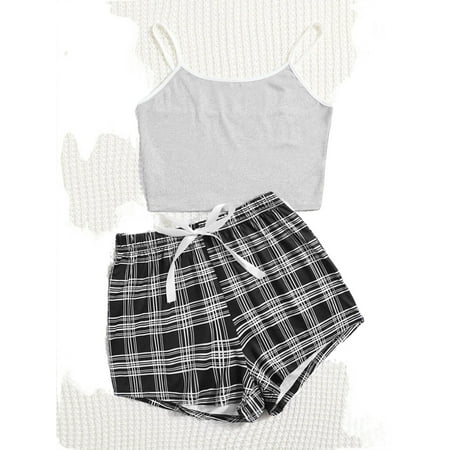

Cute Plaid Cami Strap Short Sets Sleeveless Grey Womens Pajama Sets (Women s)