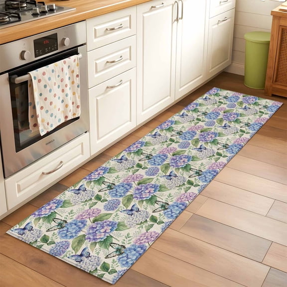 Runner Rug 2 x 6 Ft, Purple Hydrangea Washable Non-Slip Floor Mat for Kitchen Hallway/Entryway, Spring Floral Elegant Pastoral Watercolor Long Kitchen Runner Area Rugs for Living Room, Low-Profile