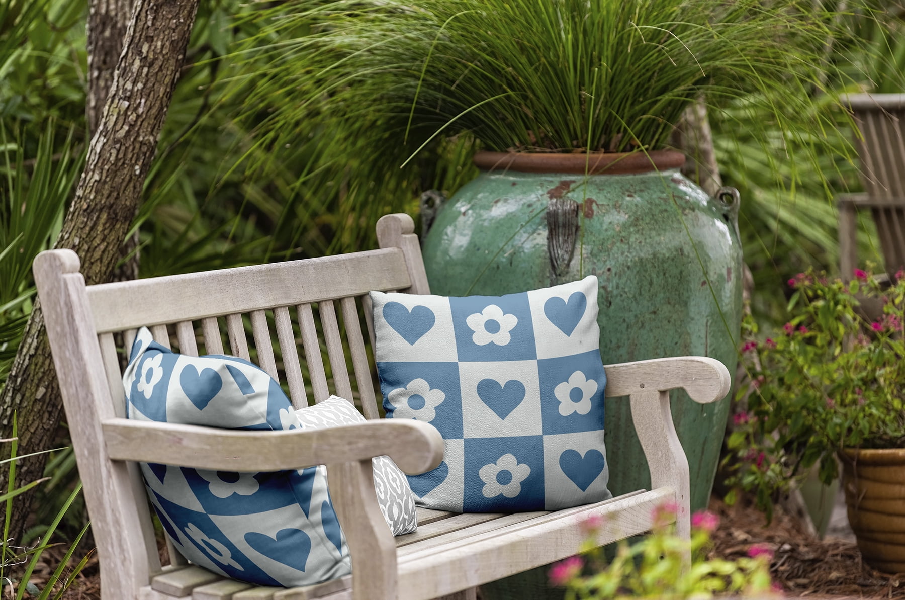 20" x 20" Simply Daisy Heart And Flowers Grid Polyester Indoor/Outdoor Pillow, Chambray Qty 1