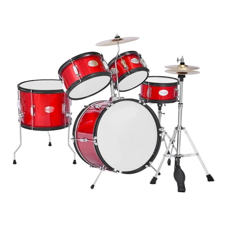 Kids Drum Set 5-Piece Junior Musical Drum Kit - 16" Bass Drum - Red - Beginner Instruments for Ages 6-13 - Complete Set with Throne & Sticks