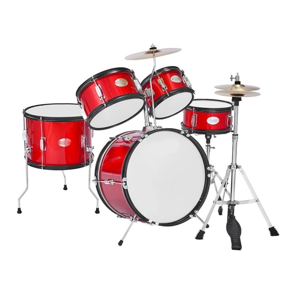 Kids Drum Set 5-Piece Junior Musical Drum Kit - 16" Bass Drum - Red - Beginner Instruments for Ages 6-13 - Complete Set with Throne & Sticks