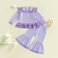 thumbnail image 2 of Staki Fall Baby Girl Clothes Long Sleeve Ruffle Tops Bell Bottoms Pants Set Toddler Waffle Knit Striped Flared Outfit(Purple,2-3 Years), 2 of 5