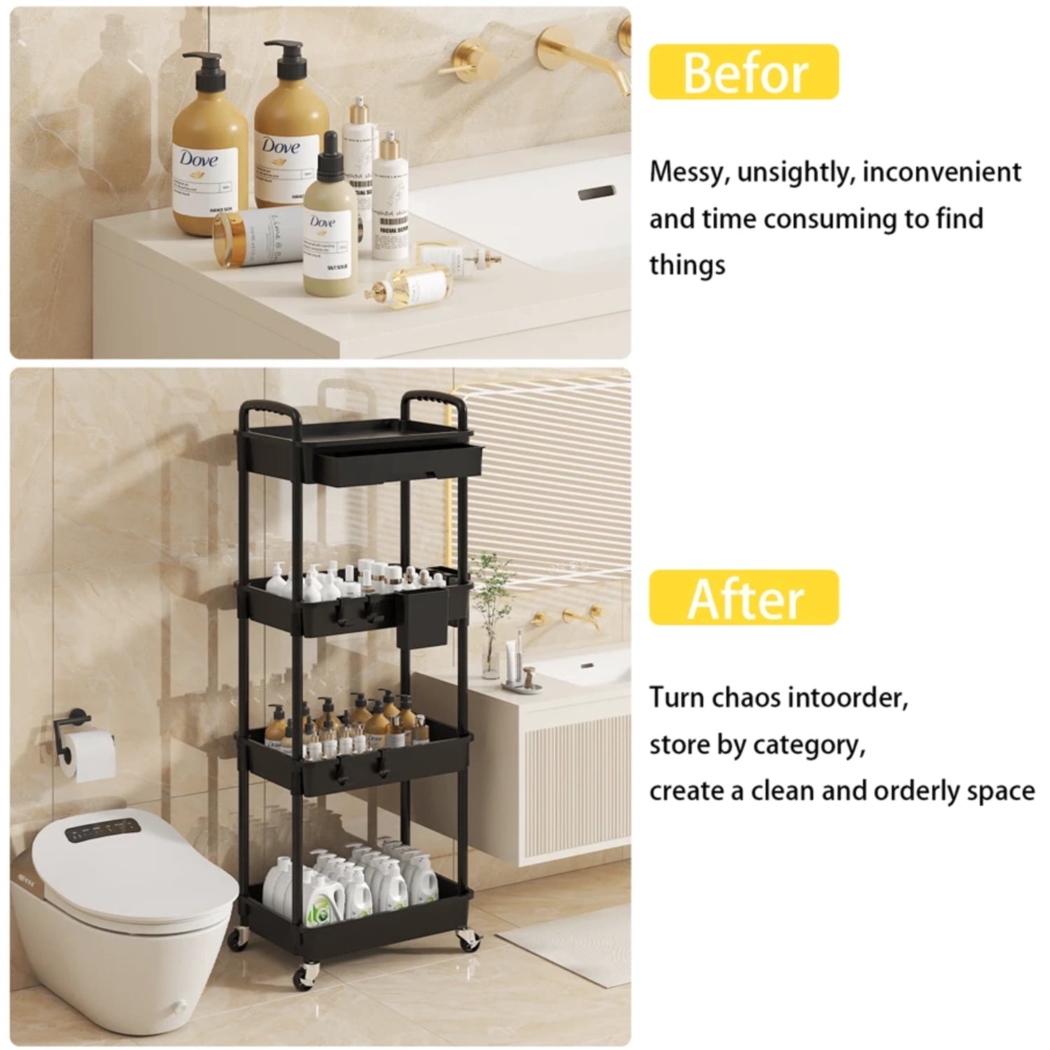 NTGFU 4 Tier Black Rolling Utility Cart with Drawer, Utility Cart Made Of Multifunctional Storage Organizer Tool for Kitchen,Bathroom,Living Room,Office Outdoor Decor