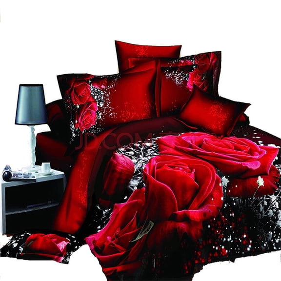 3D Oil Painting Red Rose Bedding Set Queen Size Comforter Bag Duvet Cover Set (3pcs Duvet Cover 200x230cm)
