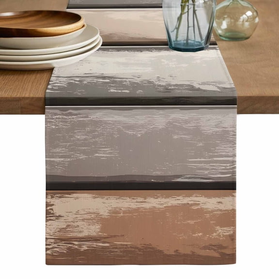 Brown Beige Stripes Table Runner, Geometric Painting Neutral Textured Washable Cotton Linen Table Runners 36 Inches Long, Dresser Scarf Runner for Nightstand/End Tables/Round Tables 13''x36''