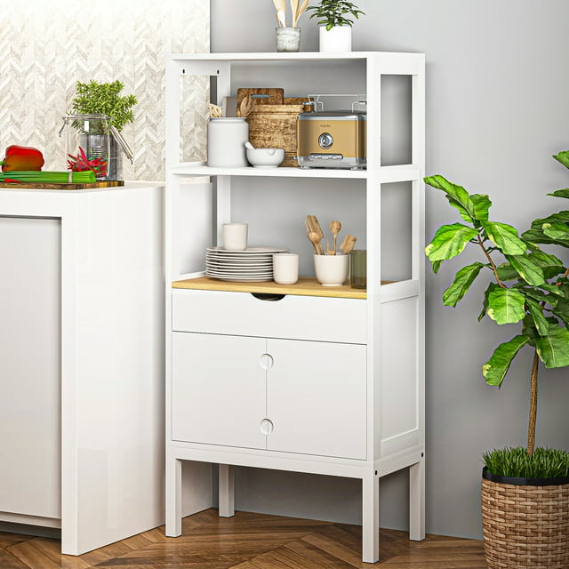 Resenkos Wood White Book Shelves and Bookcase with Drawers and Door, 3 Tier Freestanding