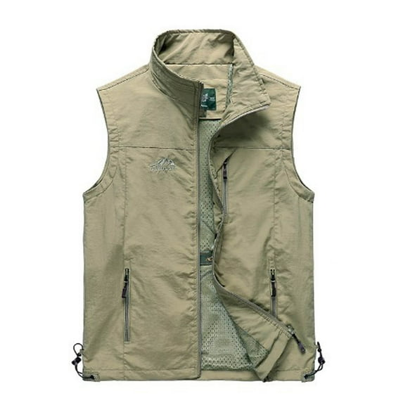 JNGSA Sleeveless Jacket with Pockets Full Zip Vest for Mens Casual Outdoor Casual Collared Vest Waistcoat Fall Solid Color Outwear Khaki M
