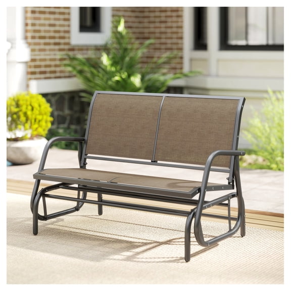2-Person Outdoor Glider Bench, Patio Swing Loveseat - Steel Frame, Breathable Mesh, Light Mixed Brown
